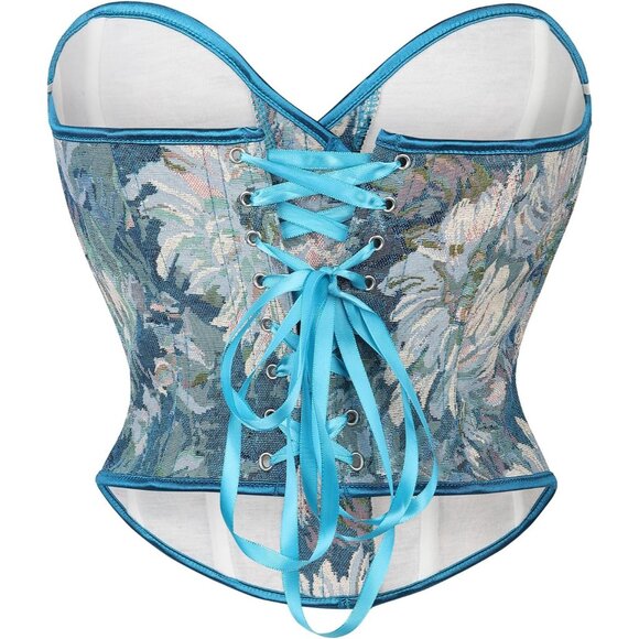 Women Blue Floral Lace Up Boned Overbust Corset Top Bustier Lingerie Bodysuit - Picture 5 of 6